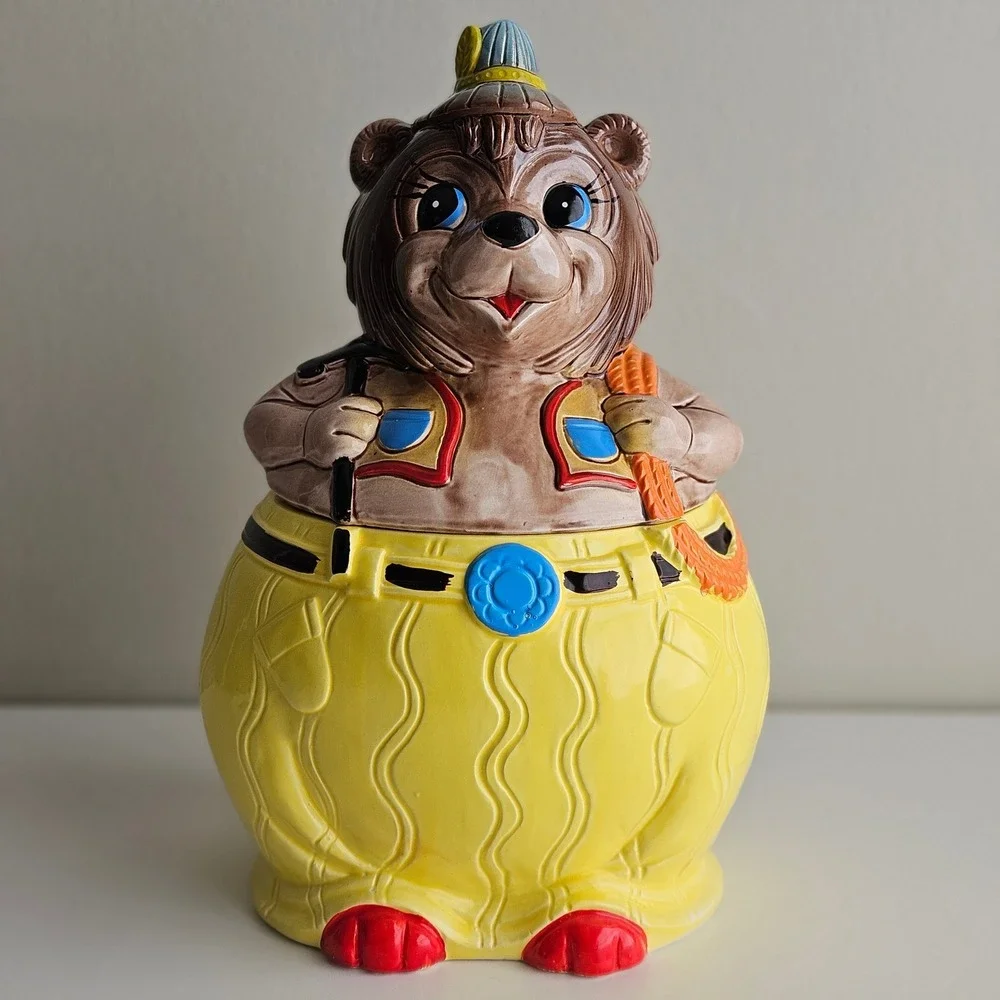 Vintage 1960s Ceramic Bear Miner Hiker 2 Piece Cookie Jar Made in Japan NEW